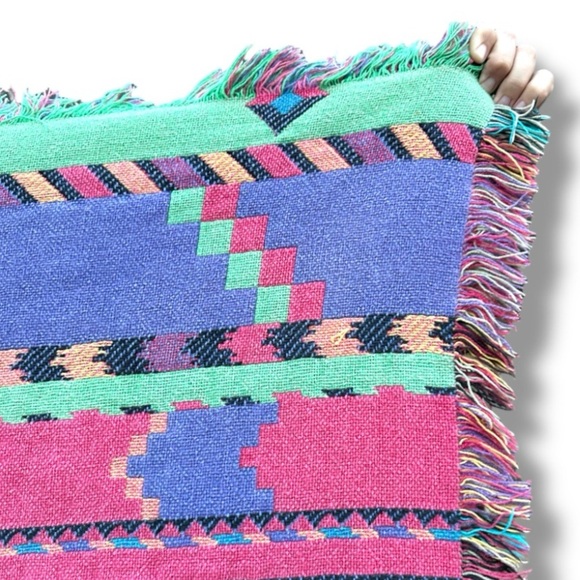 Vintage 80s/90s Kilim Pastel Aztec Blanket Full Throw Fringed Border Boho - Picture 5 of 7